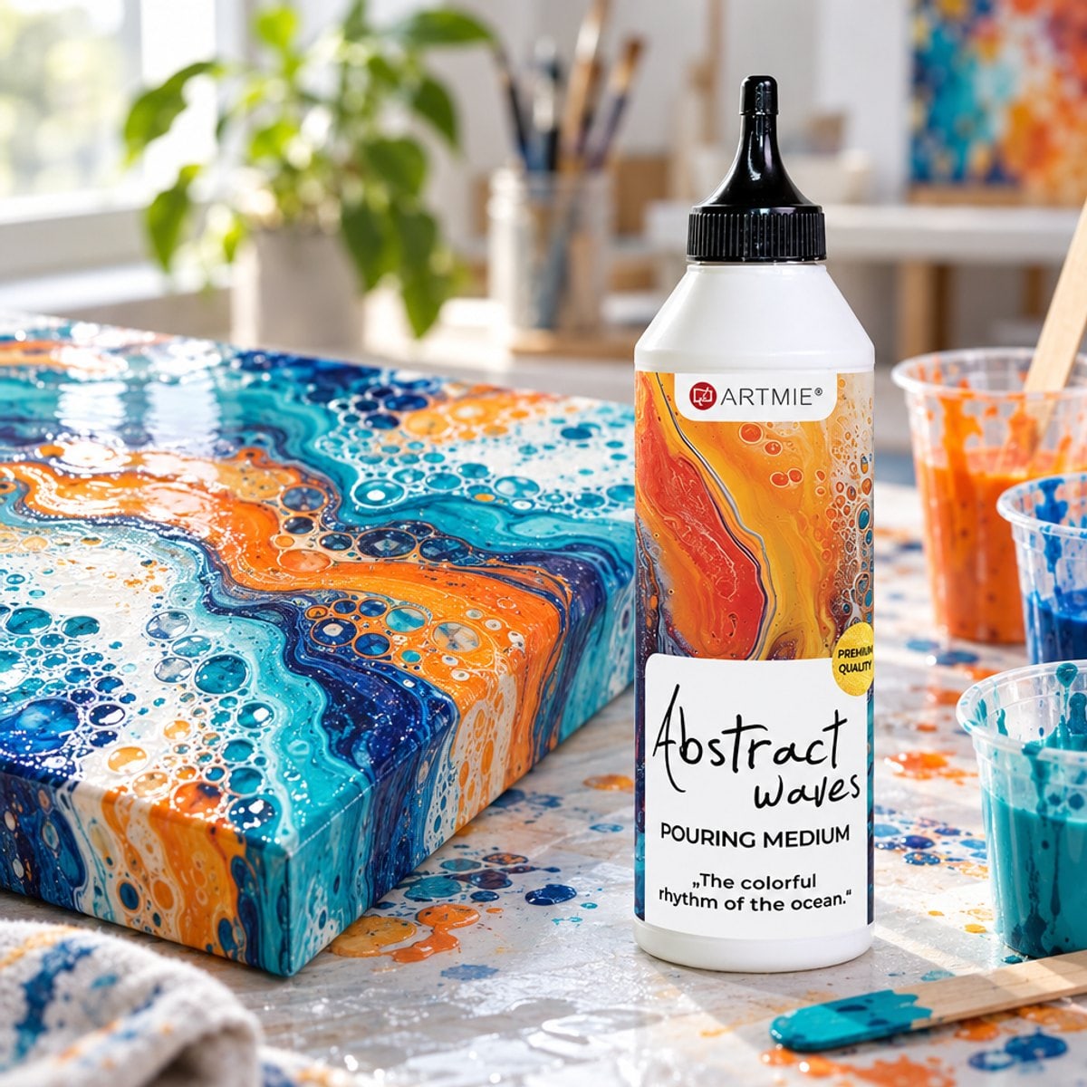 Медиум за преливање ARTMIE Abstract waves 500 ml и готова слика со ефект на ќелии