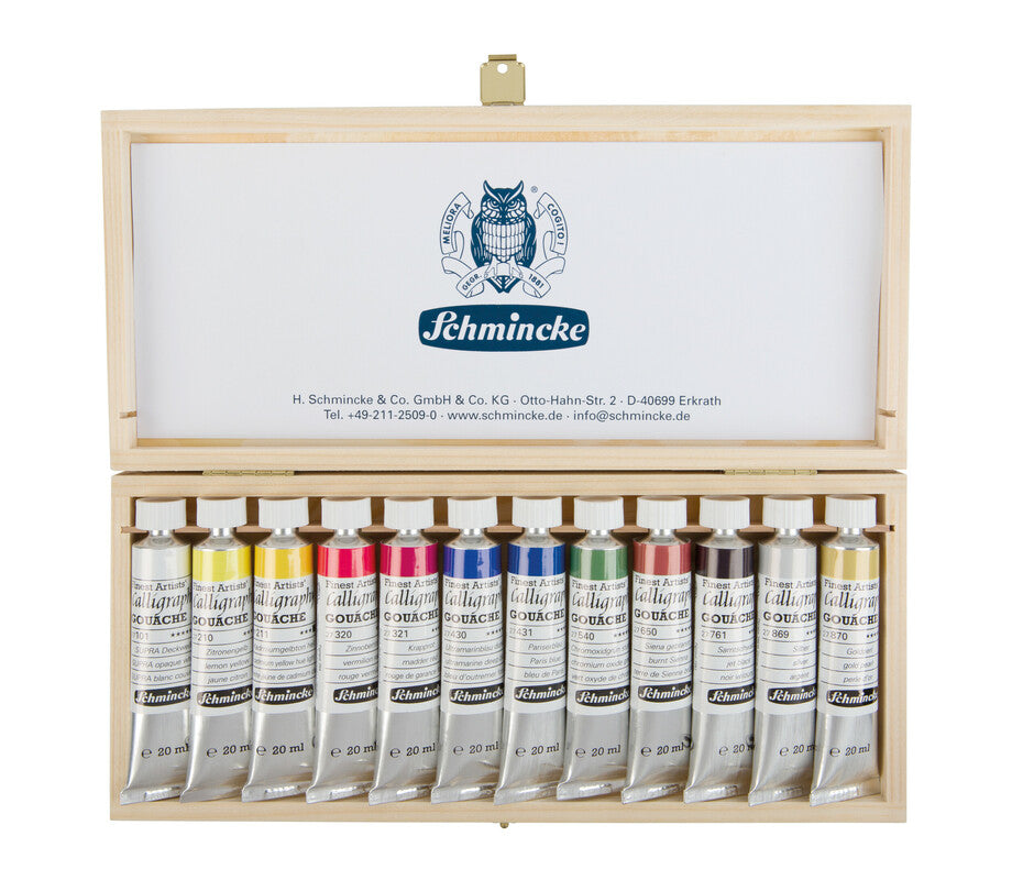 Дрвен сет гваш бои Schmincke Calligraphy Gouache, 12 x 20 ml
