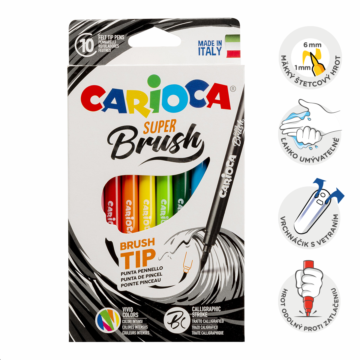 Фломастери Carioca Brush со врв во форма на четка, 10 парчиња, микс бои