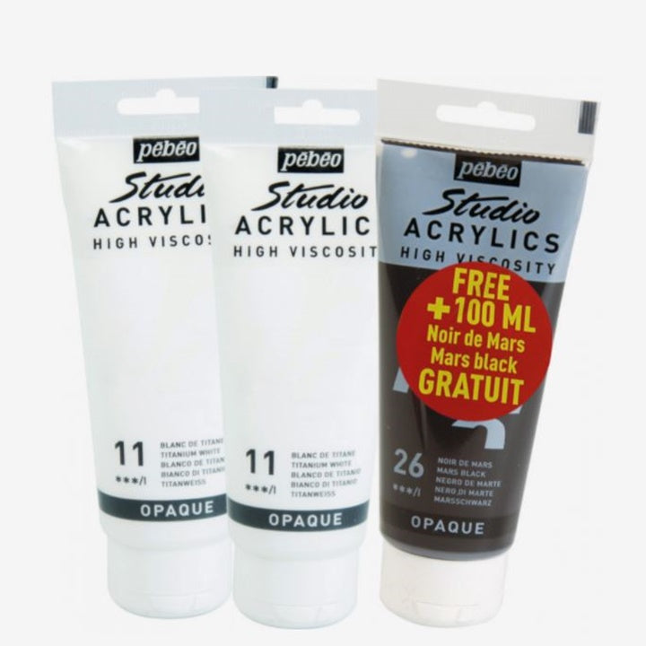 Акрилни бои Pebeo Studio Acrylic - сет бела и црна / 3 x 100 ml