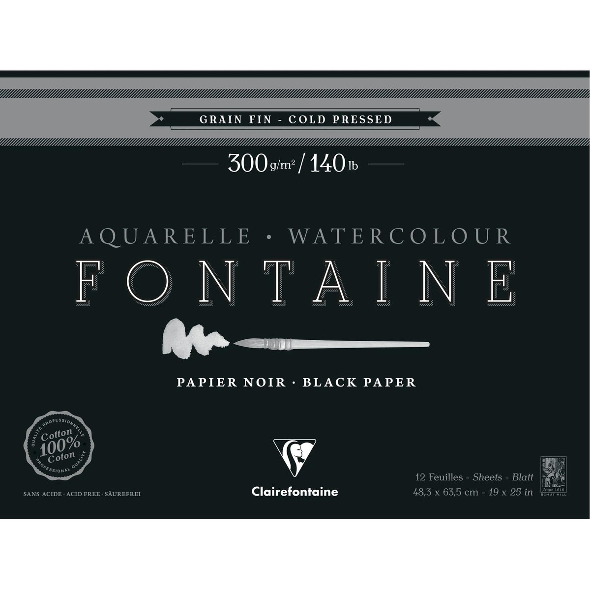 Акварелен блок Clairefontaine Fontaine CP црн 300 g/m2 48,3 x 63,5 cm - 12 листови