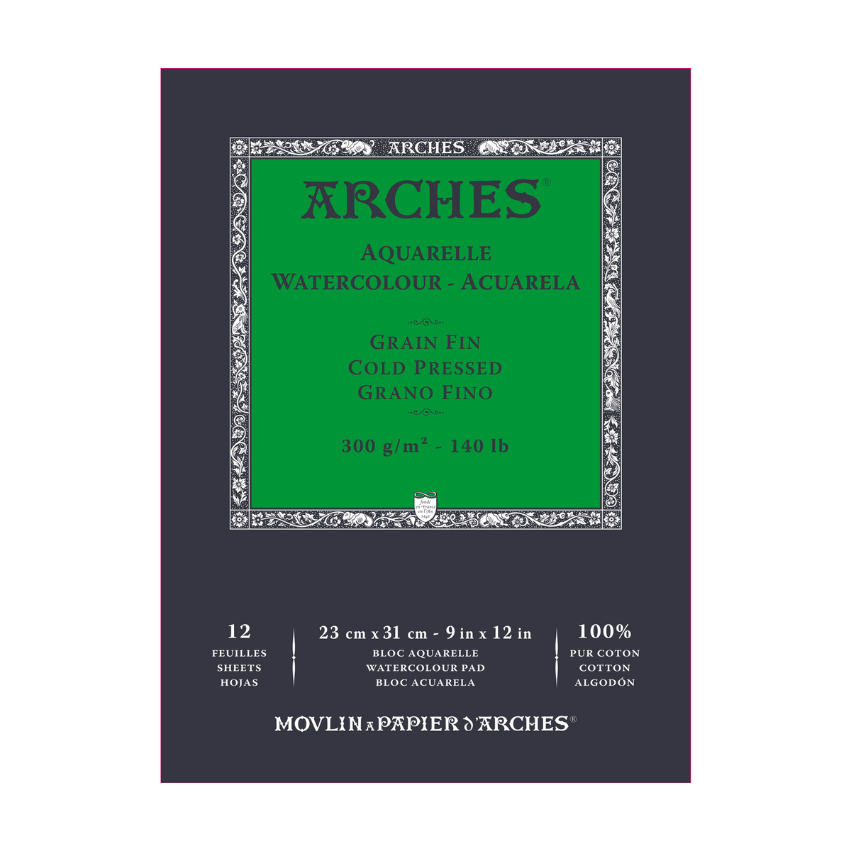 ARCHES акварелен блок ладно пресуван природно бела 300 g/m² - 12 листови (големини A5 – A3)