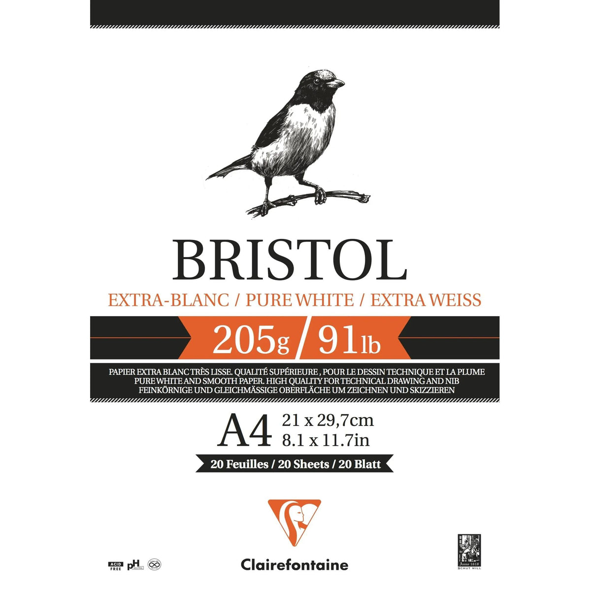 Блок за цртање CLAIREFONTAINE Bristol 205 g/m² – 20 листови, A4 – A3