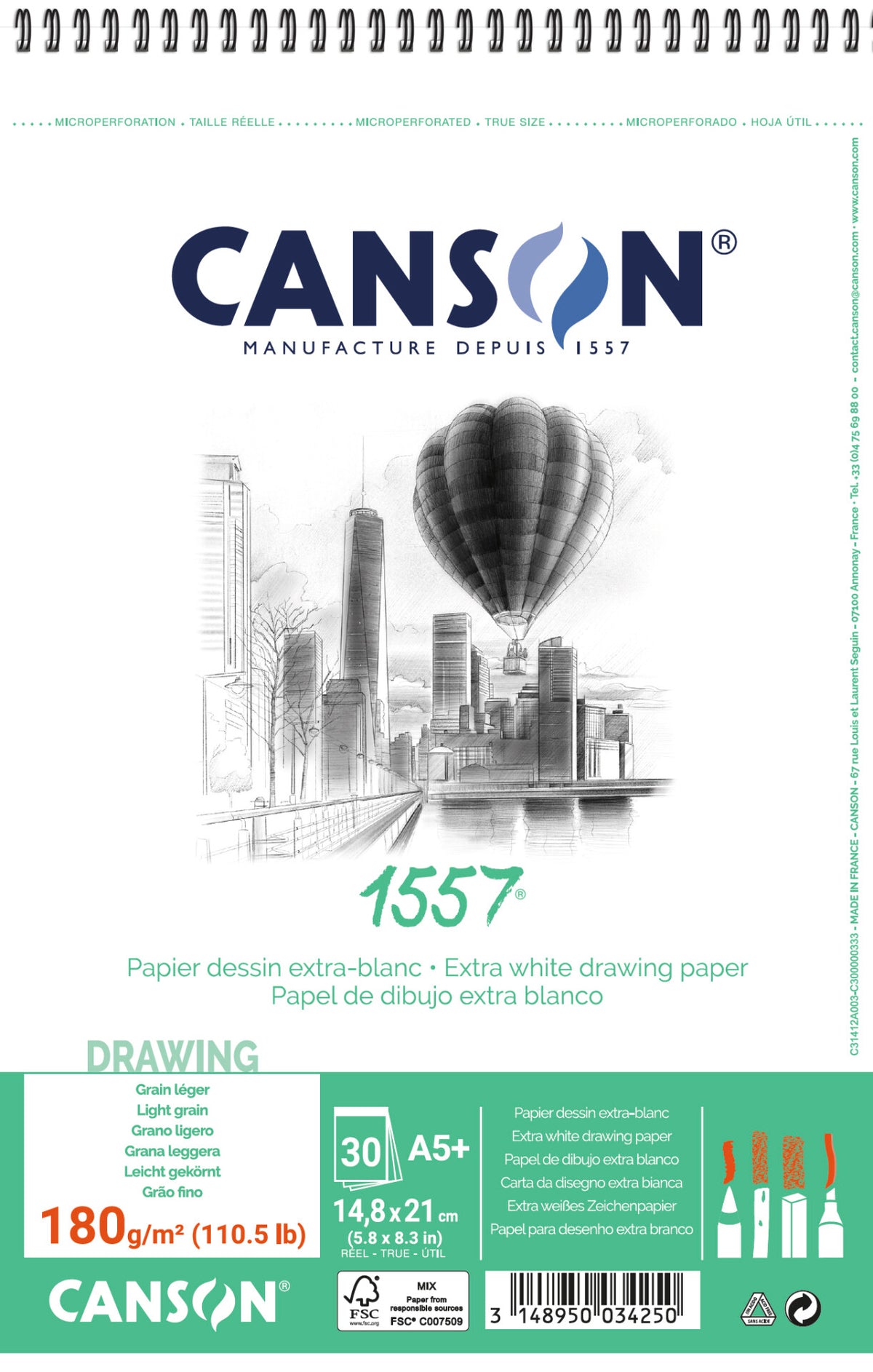 Блок за скицирање CANSON 1557 180 g/m² A5 30 листа, спирален повез