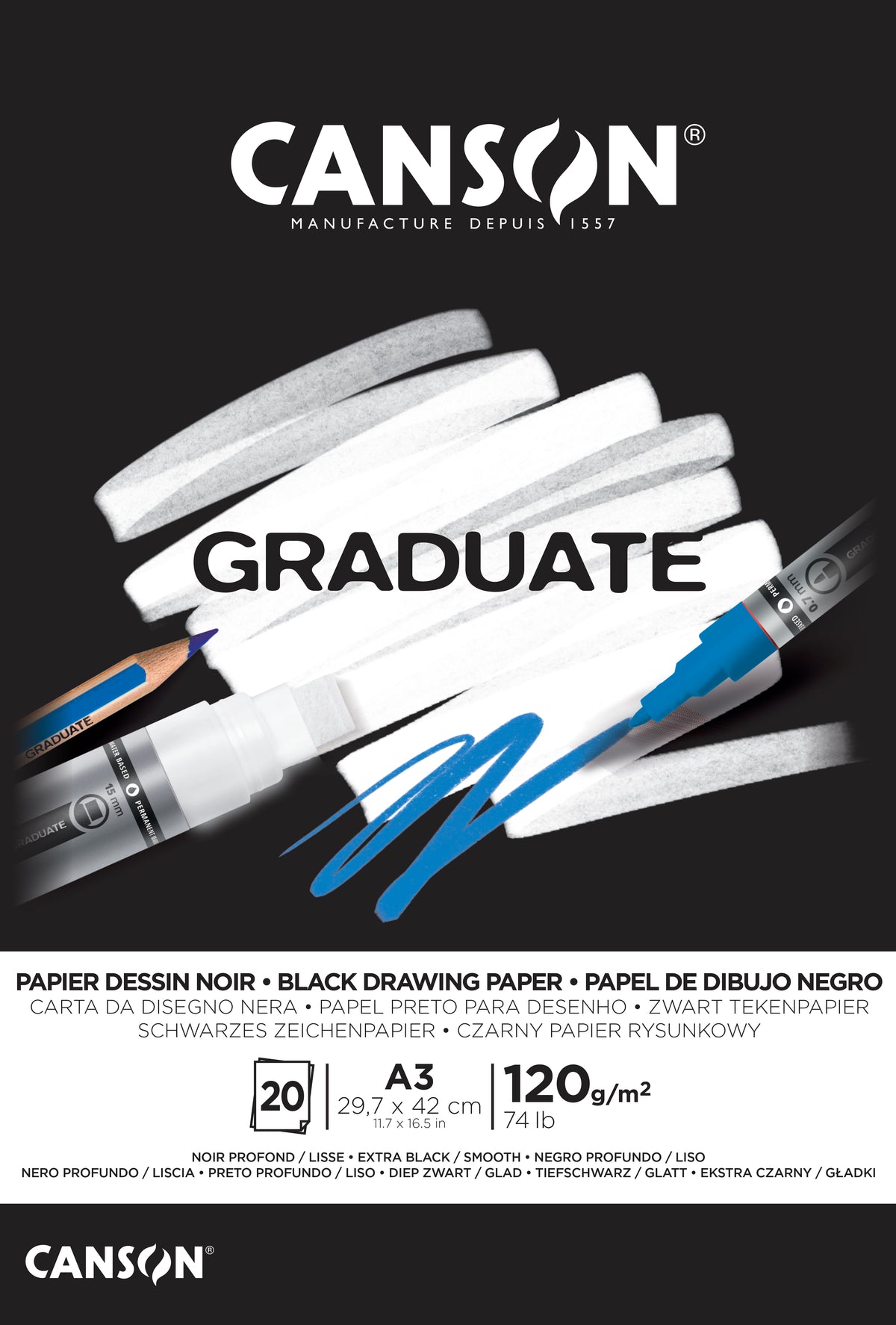 Црн скицар CANSON Graduate 120 g/m² A3 - 20 листа, лепен