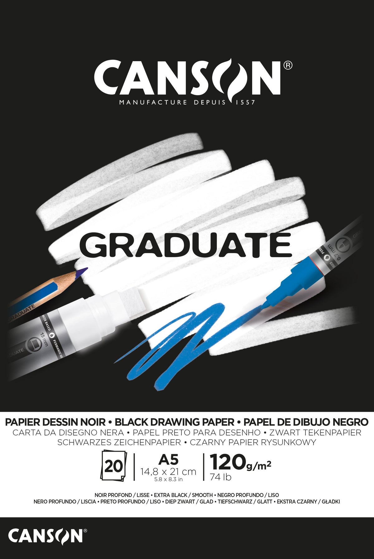 CANSON Graduate црн скицен блок 120 g/m² 20л A5 лепен