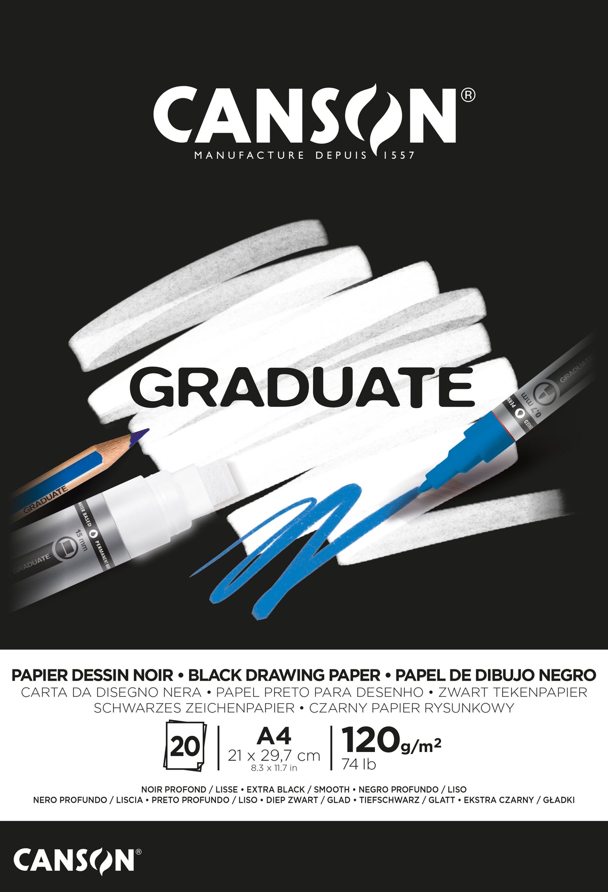 Canson Graduate црн скицер 120 g/m² A4 лепен - 20 листа