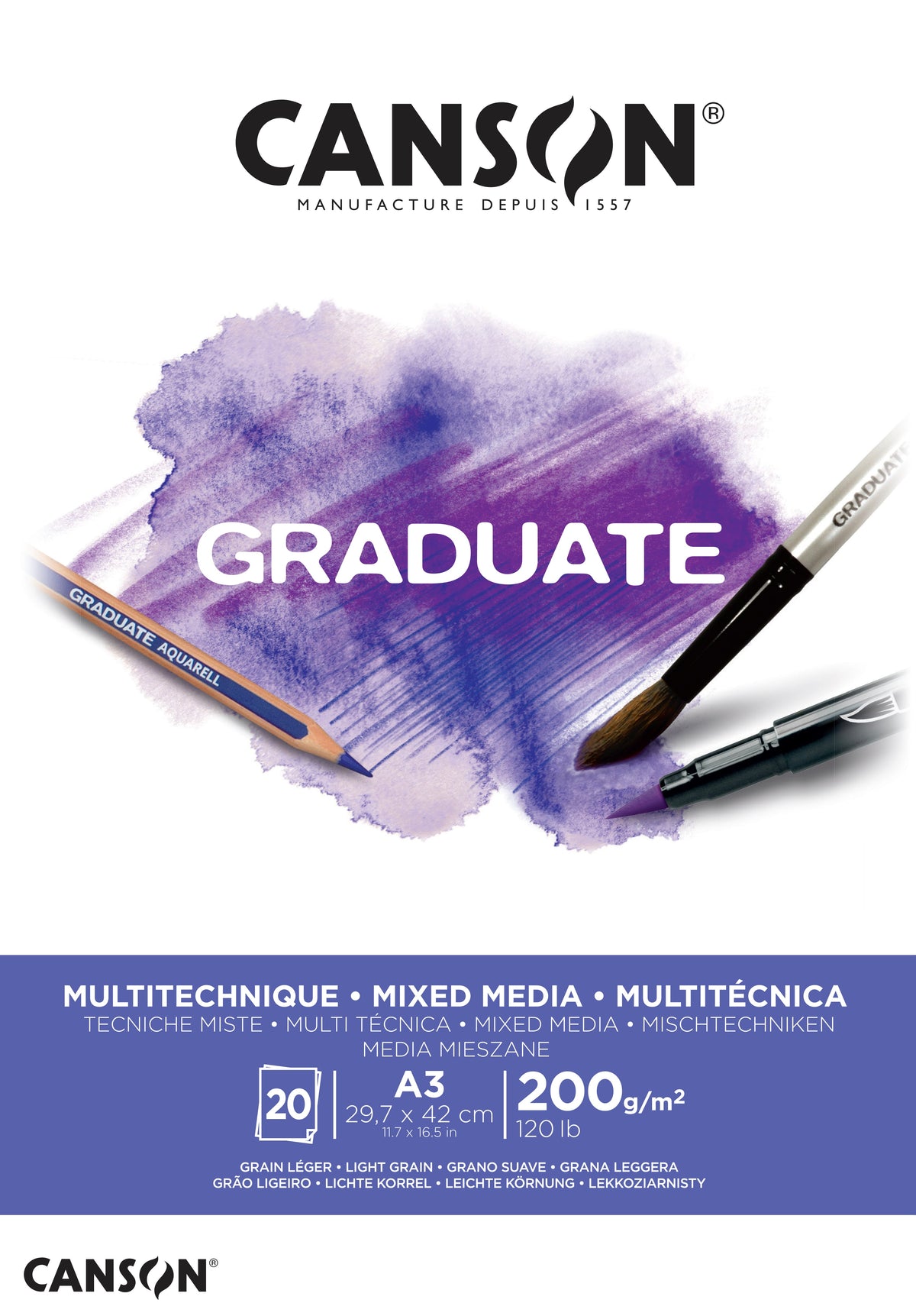 Canson Graduate Mix Media блок бел 200 g/m² - 20 листа, A3, лепен
