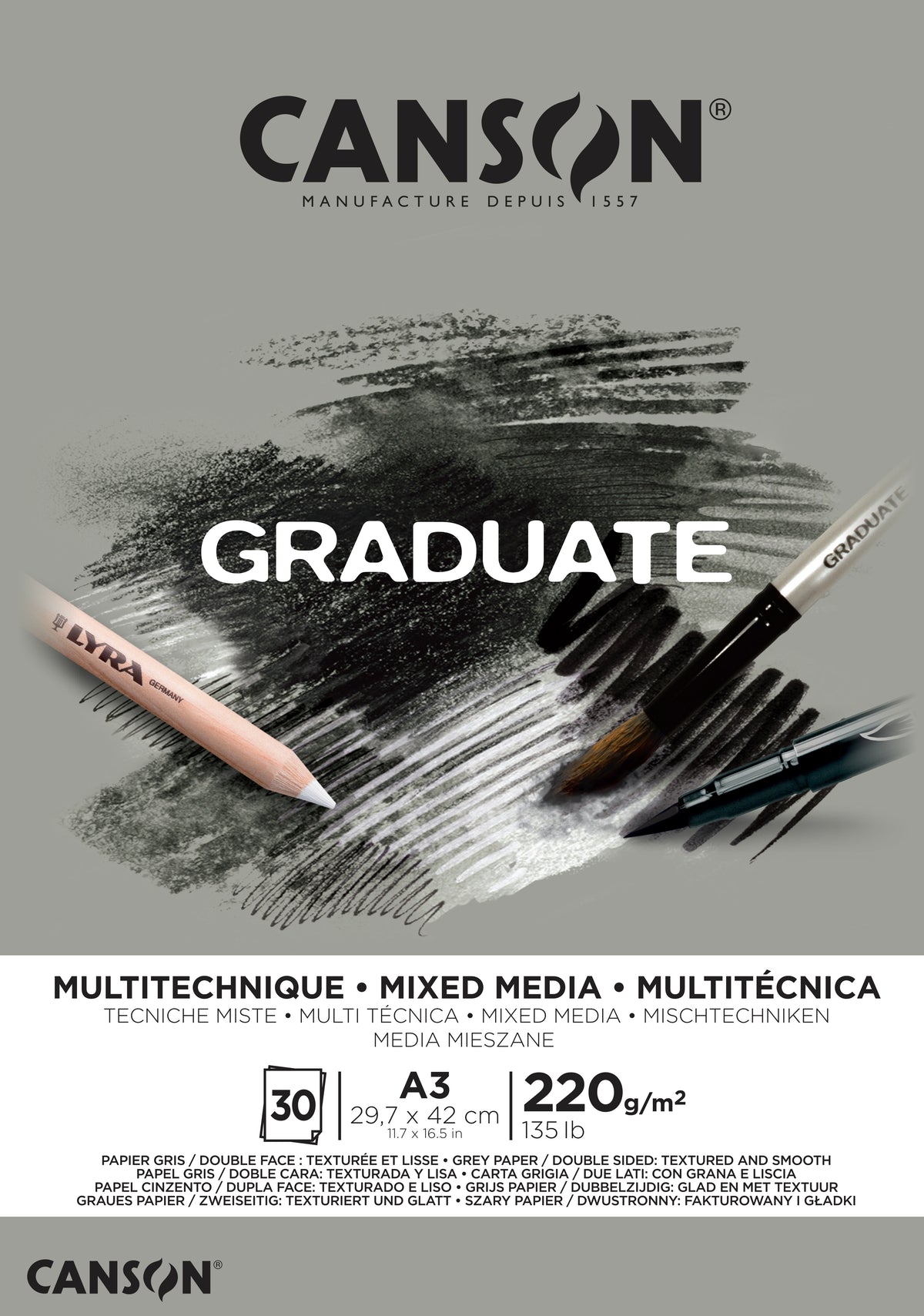 CANSON Graduate Mix Media сив блок 220 g A3, 30 листа, лепен