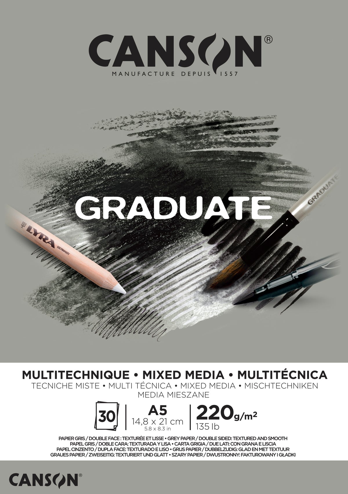 CANSON Graduate Mix Media сив блок 220 g A5 - 30 листа лепен