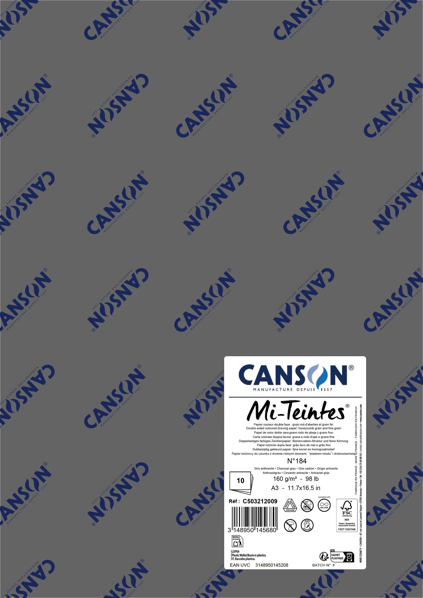 Хартија за пастел Canson Mi-Teintes A3 160 g - 10 листови – Јаглен сива 184