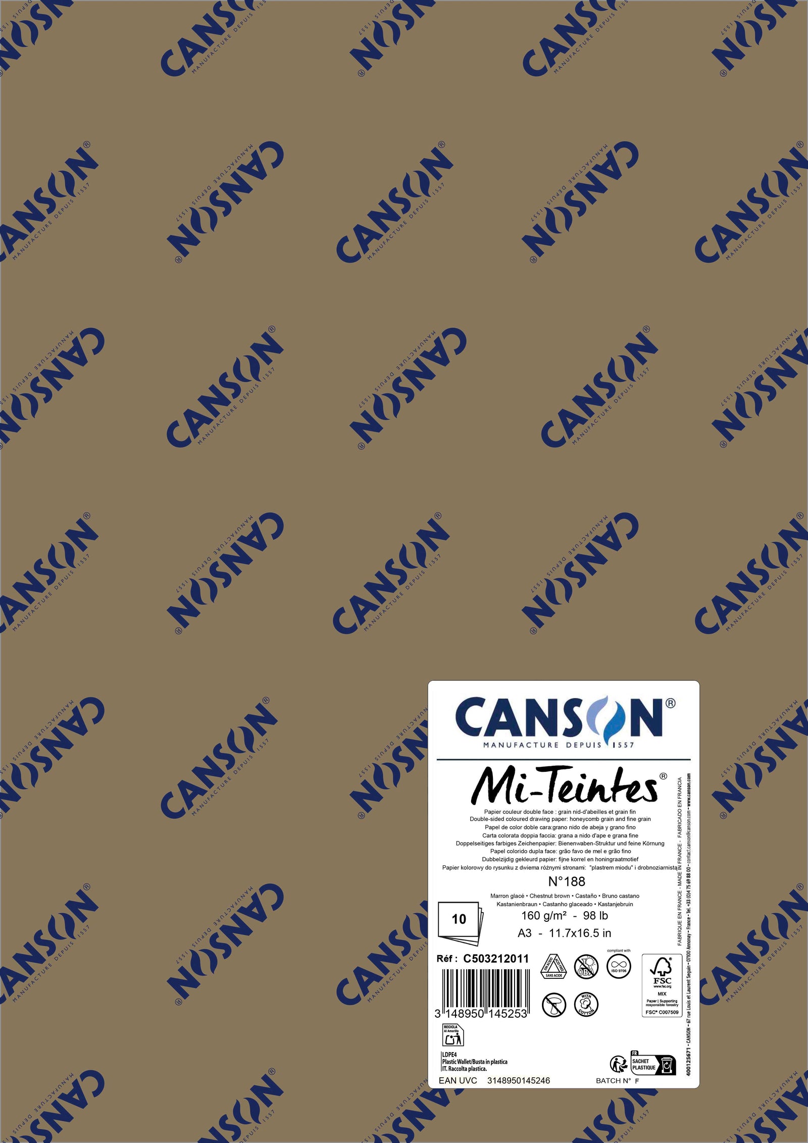 Хартија за пастел Canson Mi-Teintes A3 160 g - 10 листови – Костен кафеава 188