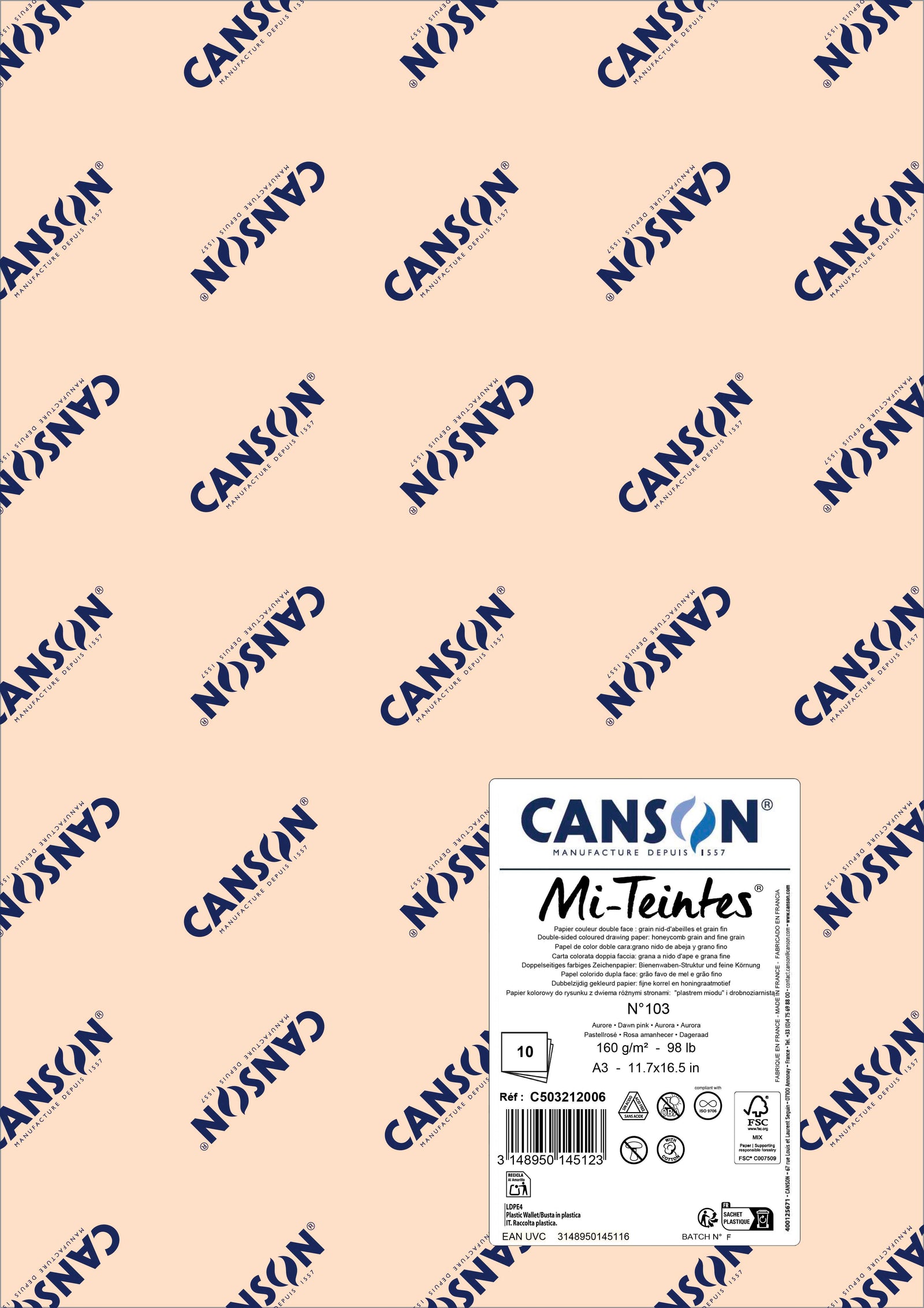 Хартија за пастел Canson Mi-Teintes A3 160 g - 10 листови – Зорна розова 103