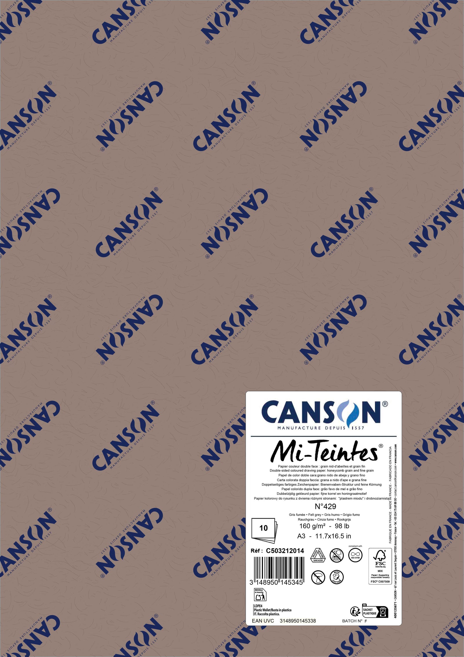 Хартија за пастел Canson Mi-Teintes A3 160 g - 10 листови – Филц сива 429
