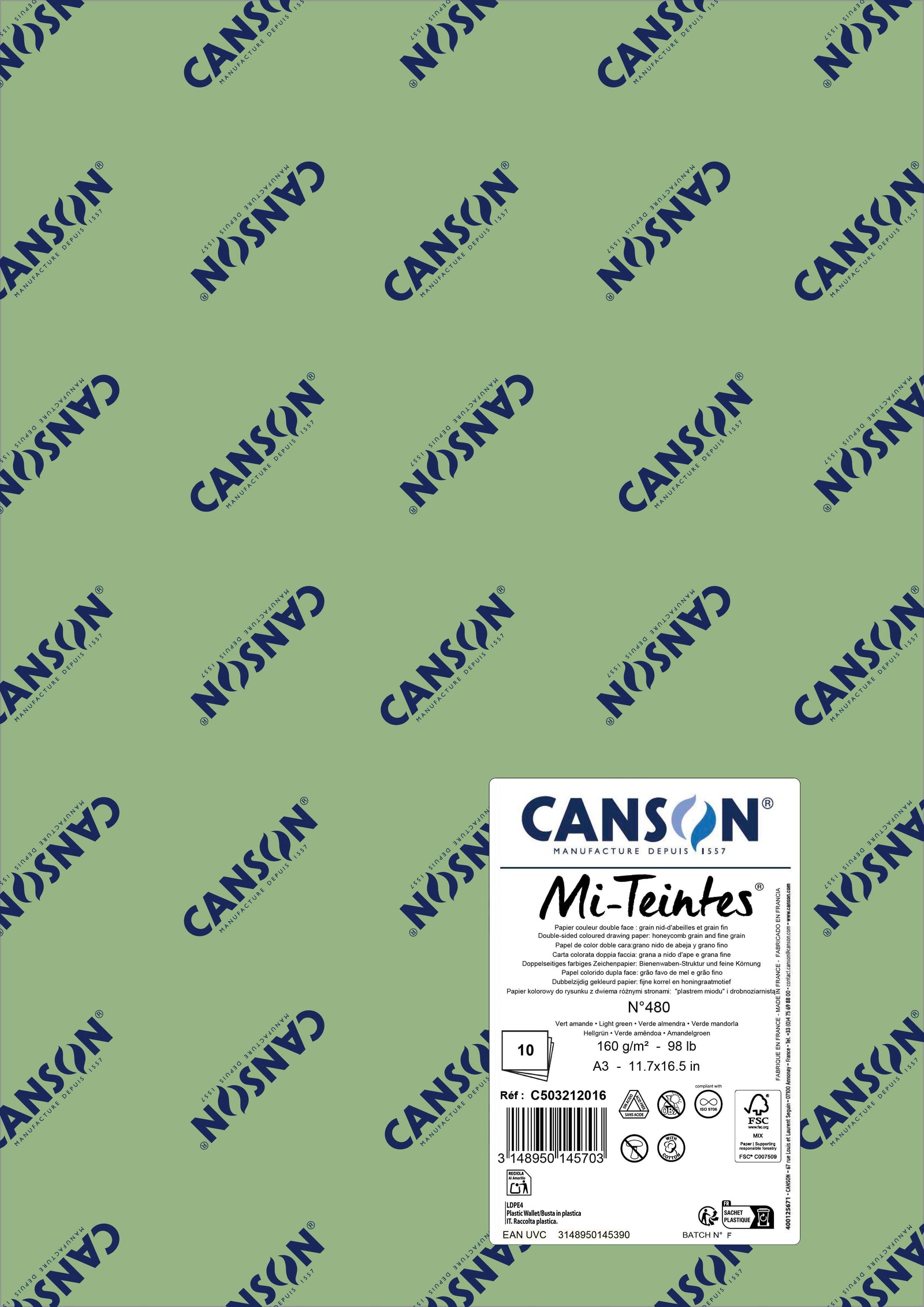 Хартија за пастел Canson Mi-Teintes A3 160 g - 10 листови – Светлозелена 480
