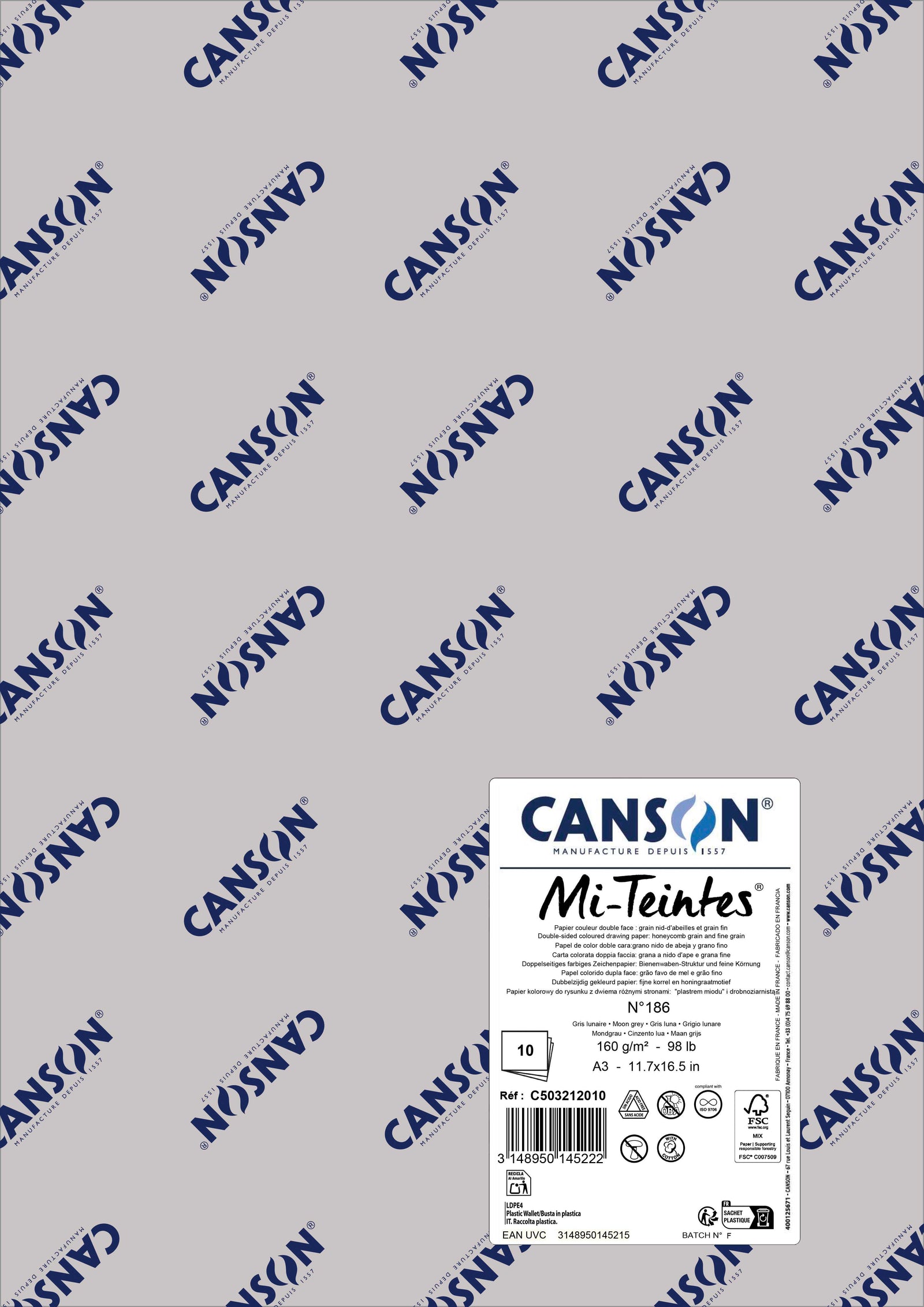 Хартија за пастел Canson Mi-Teintes A3 160 g - 10 листови – Месечево сива 186