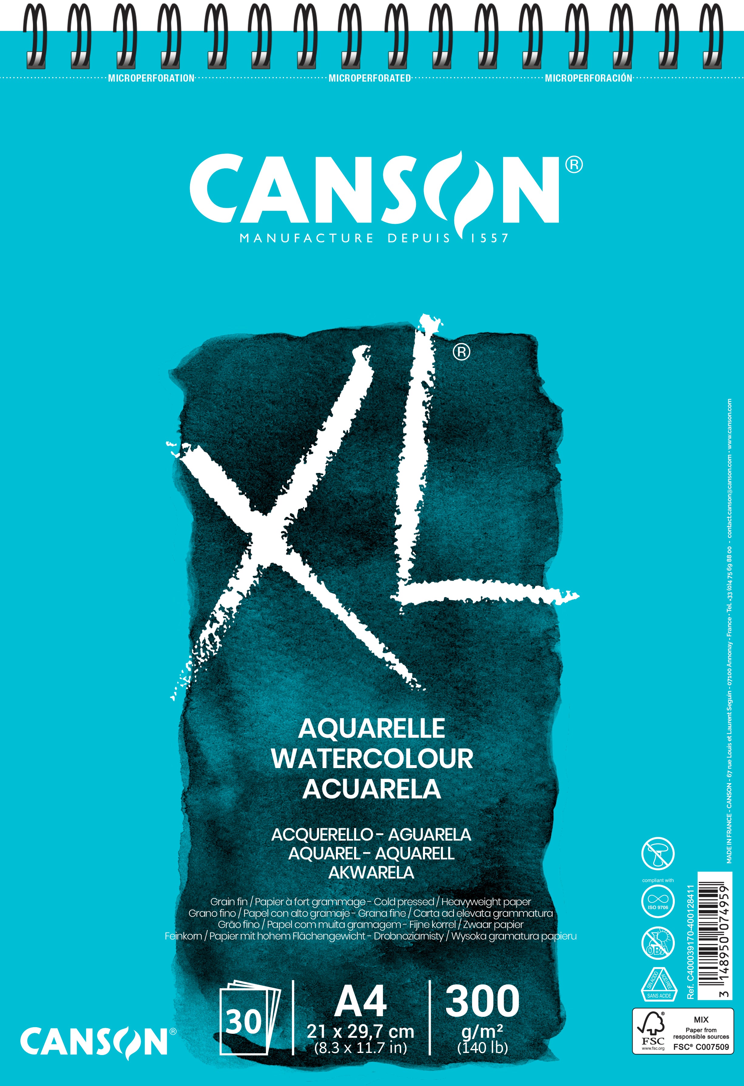 Canson XL акварелен блок CP White 300 g/m² - 30 листа, A4, спирален повез