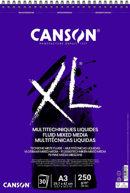 Canson XL Fluid Mix Media блок 250 g/m², 30 листа, A3, спирален повез