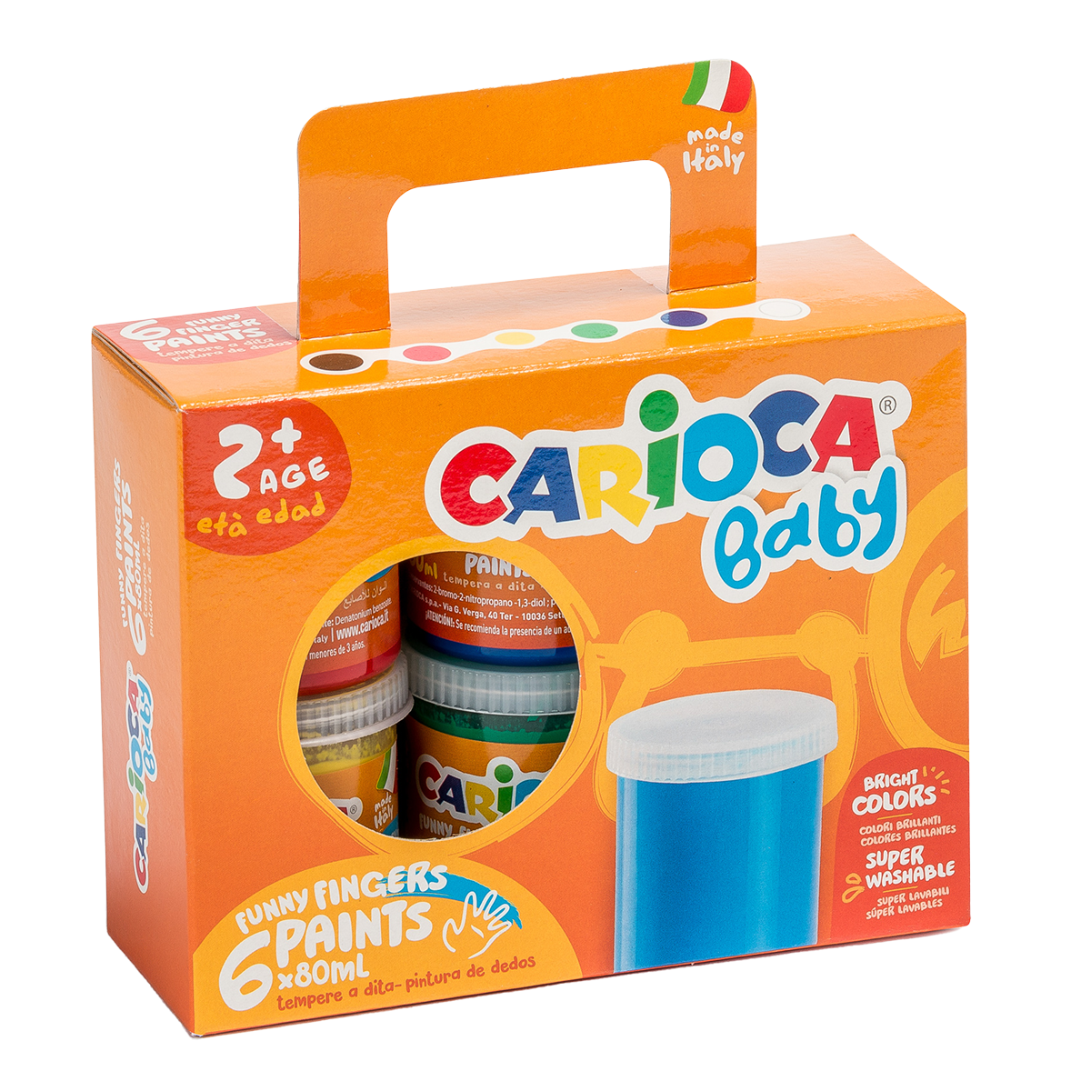 Carioca бои за прсти Baby 2+, хартиено куферче, 6 × 80 ml