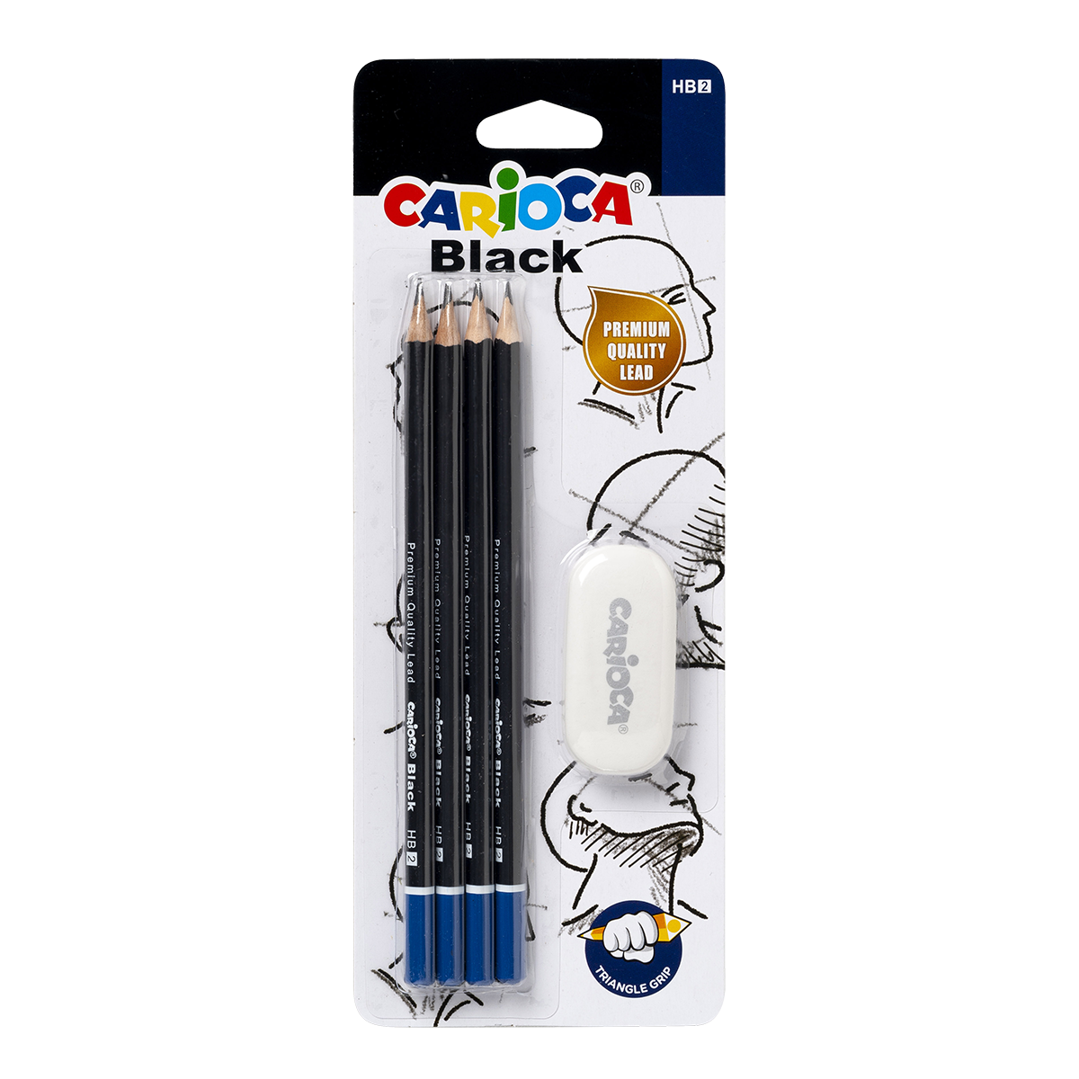 Carioca сет триаголни моливи Black 2/HB со гума, 4 пар.