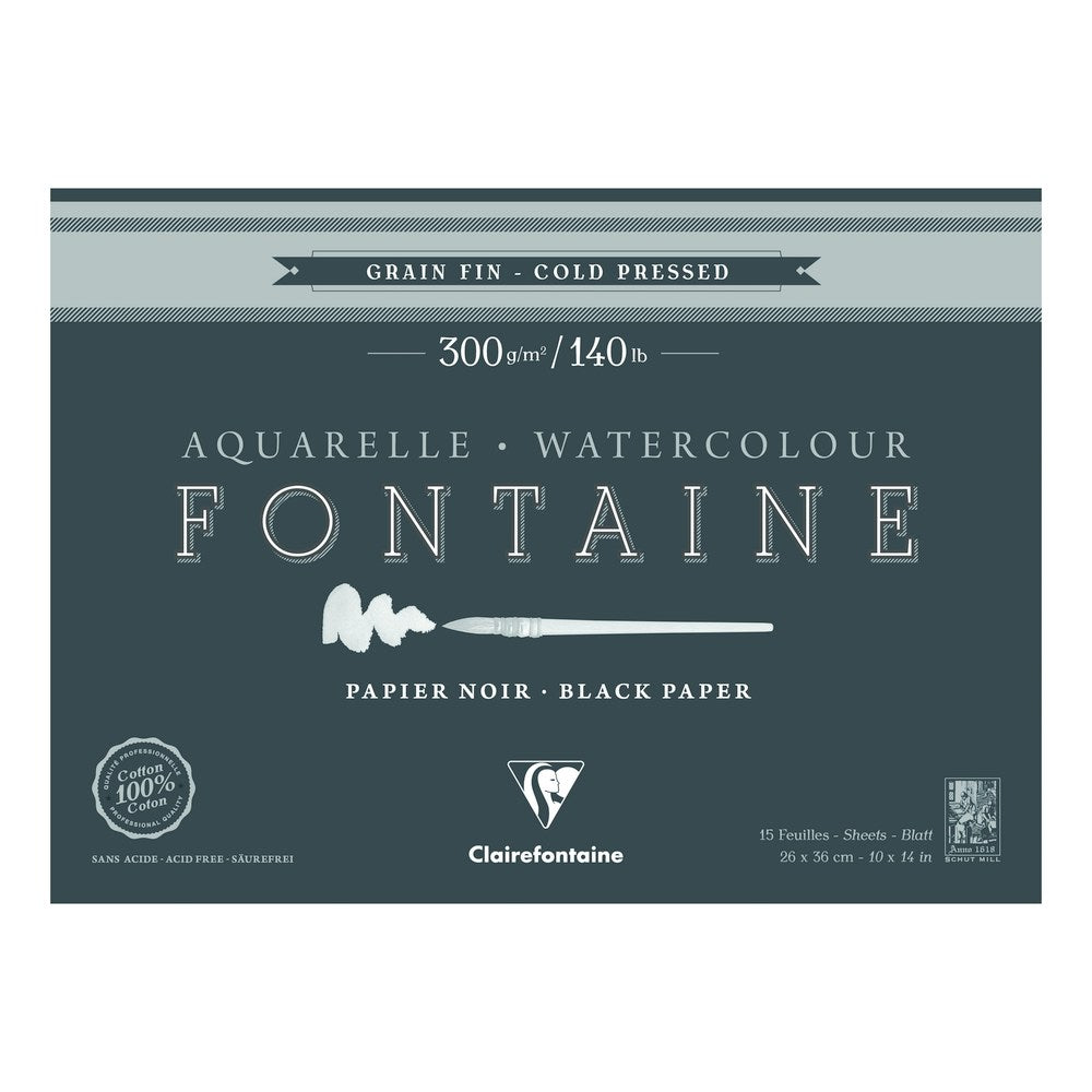 Clairefontaine Fontaine акварелен блок CP Black 300 g 15L x 26 cm лепен од сите страни – 36