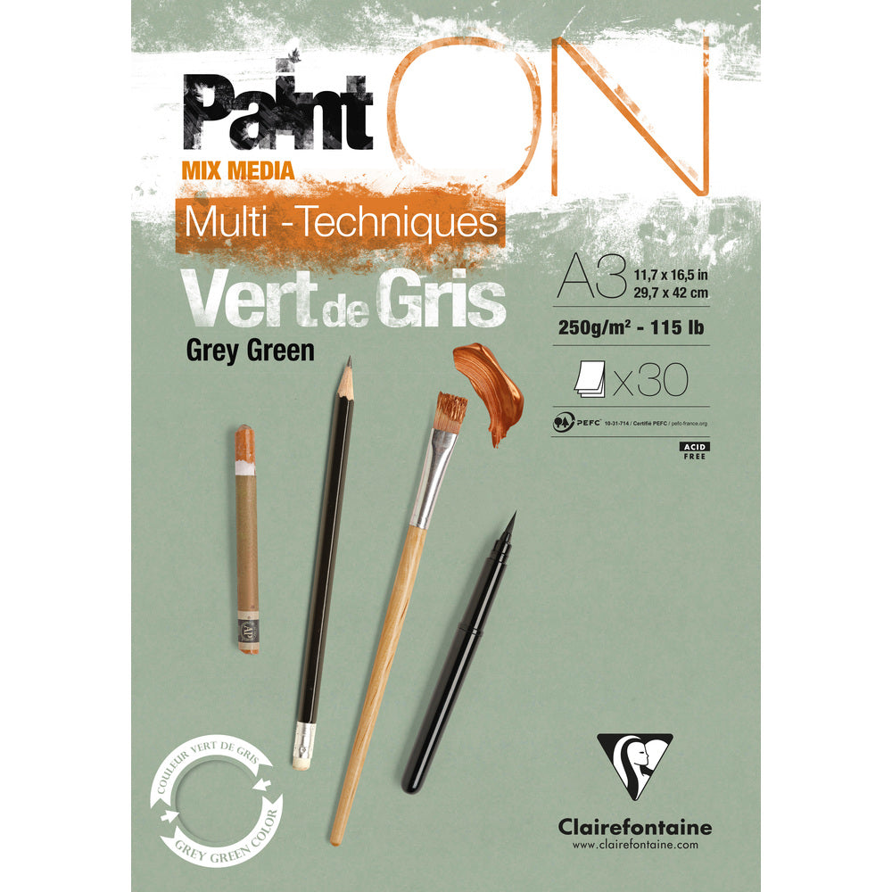 Clairefontaine Paint'On Mix Media блок 250 g лепен – 30L A3 Сиво-зелена