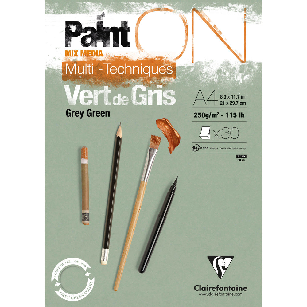 Clairefontaine Paint'On Mix Media блок 250 g лепен – 30L A4 Сиво-зелена