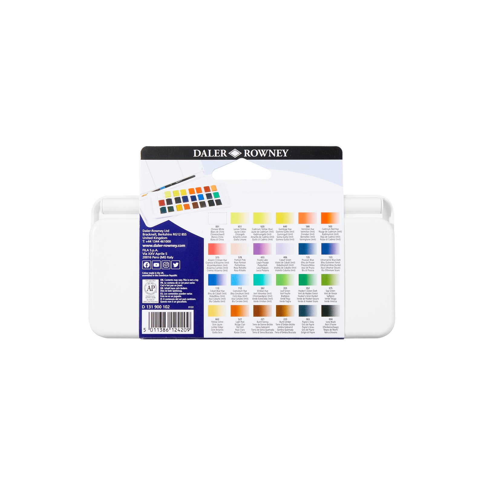 DALER ROWNEY Aquafine патнички акварелен сет со 24 полу-коцки и четка