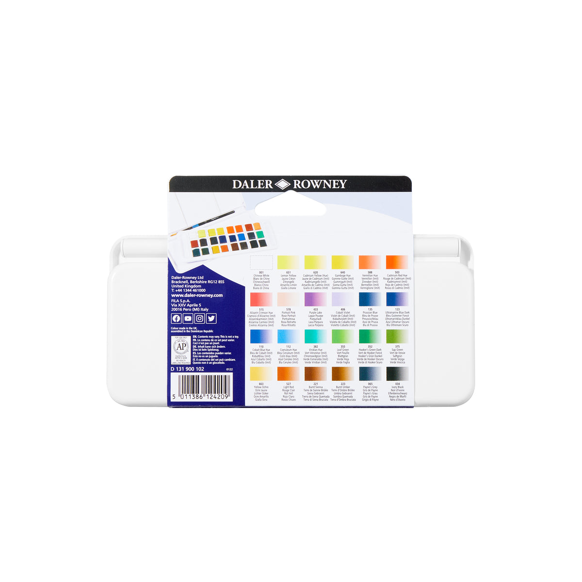 DALER ROWNEY Aquafine патнички акварелен сет со 24 полу-коцки и четка