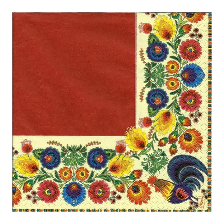 Еко салфетки за декупаж Folk Cocks Red & Cream - 1 парче