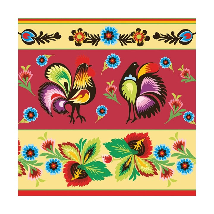 Еко салфетки за декупаж Folklore Roosters Cream & Red - 1 парче