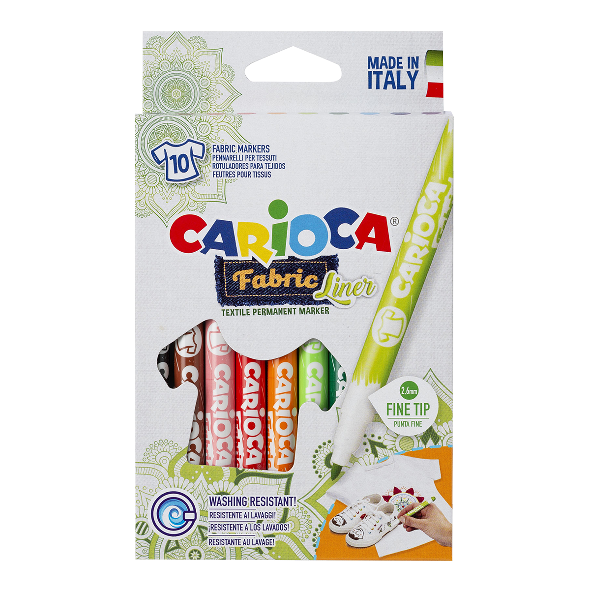 Фломастери за текстил Carioca, тенок врв, 10 парчиња, микс бои