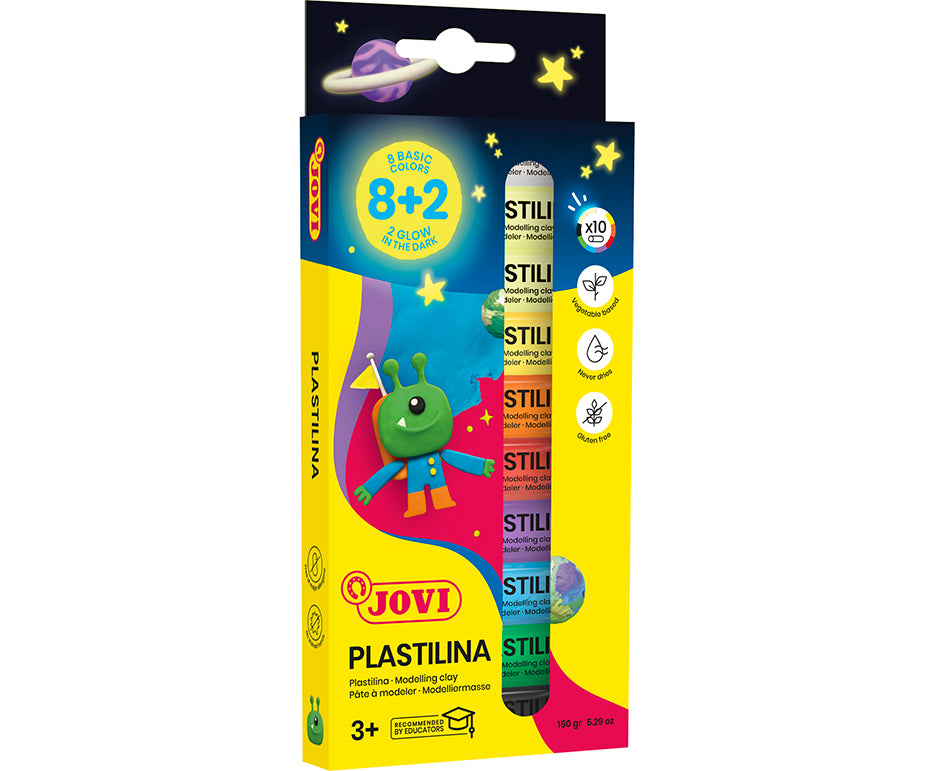 JOVI Glow природен пластелин 10 x 15 g – 8 бои + 2 кои светат во темница