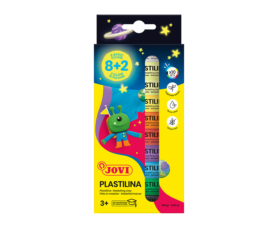 JOVI Glow природен пластелин 10 x 15 g – 8 бои + 2 кои светат во темница