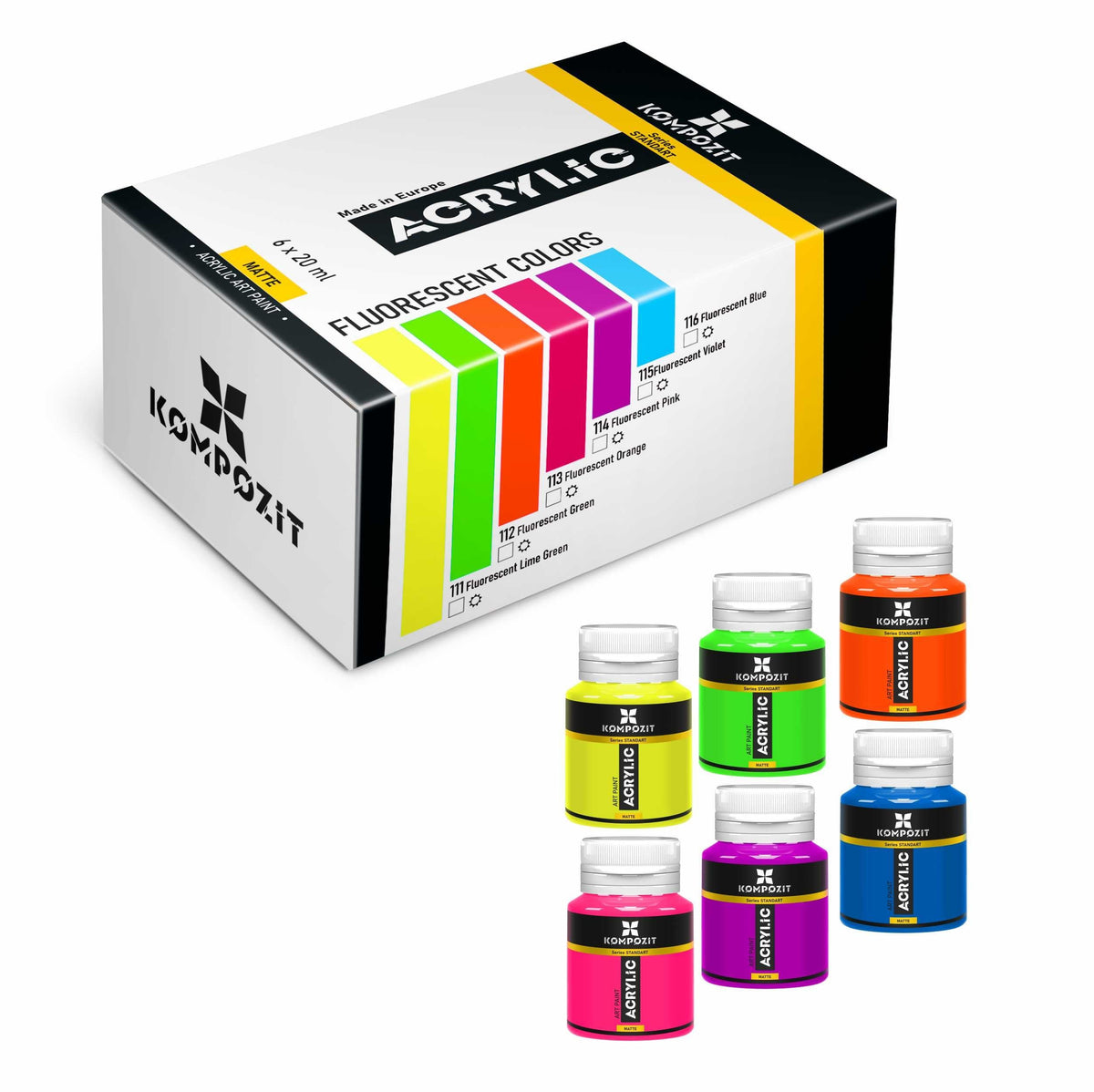Сет акрилни бои Kompozit STANDART Fluorescent 6 x 20 ml