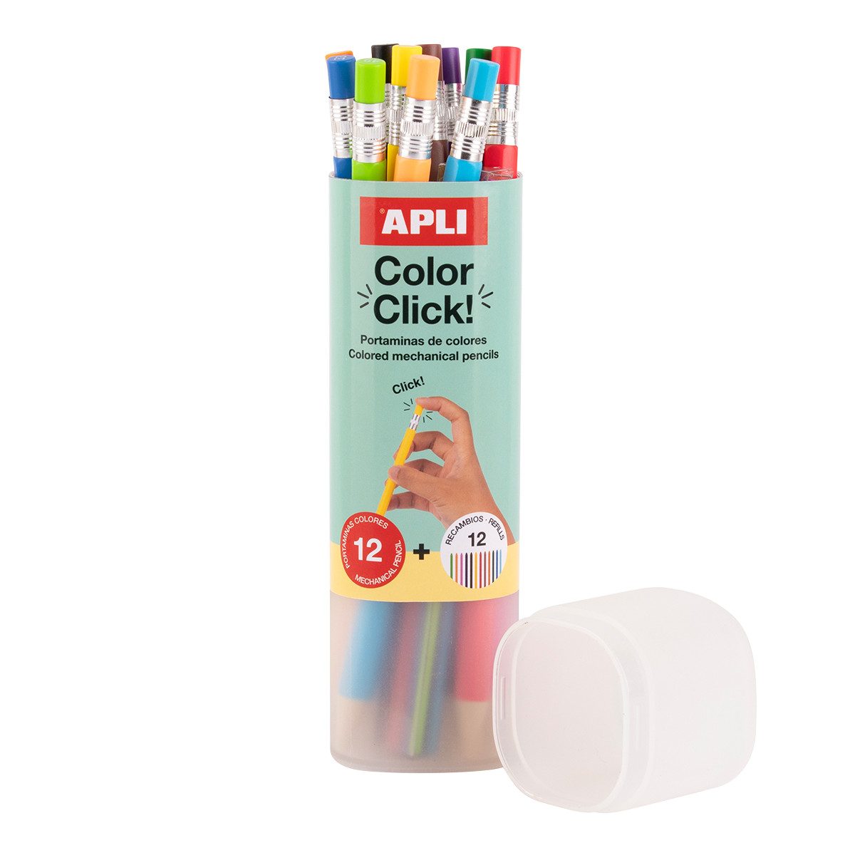 Механички дрвени боички APLI Color Click, 12 парчиња со резервни мини и острилка