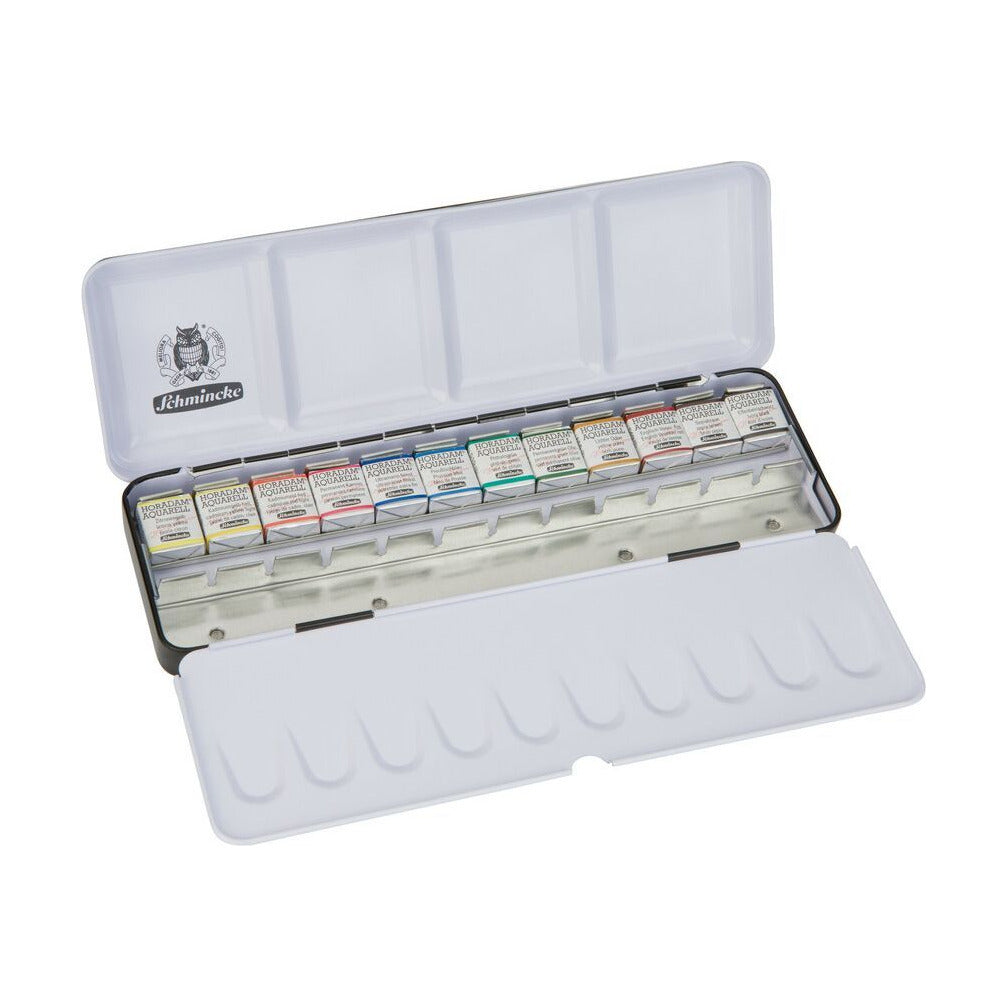 Метален сет акварелни бои Schmincke HORADAM, 12 x 1/2 коцки со дополнителен простор