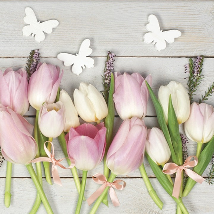 Салфетки за декупаж White & Pink Tulips on Wood - 1 парче