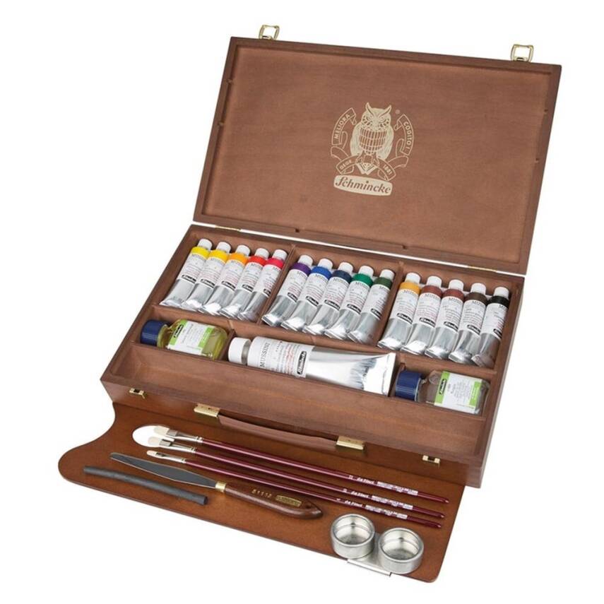 Schmincke MUSSINI дрвена кутија со бои 15 x 35 ml и бела 150 ml