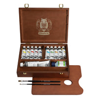 Schmincke PRIMAcryl дрвена кутија со акрилни бои 10 x 35 ml + бела 150 ml и четки