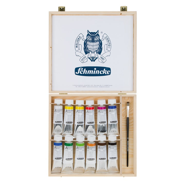 Сет акрилни бои и четки во дрвена кутија Schmincke AKADEMIE 12 x 60 ml