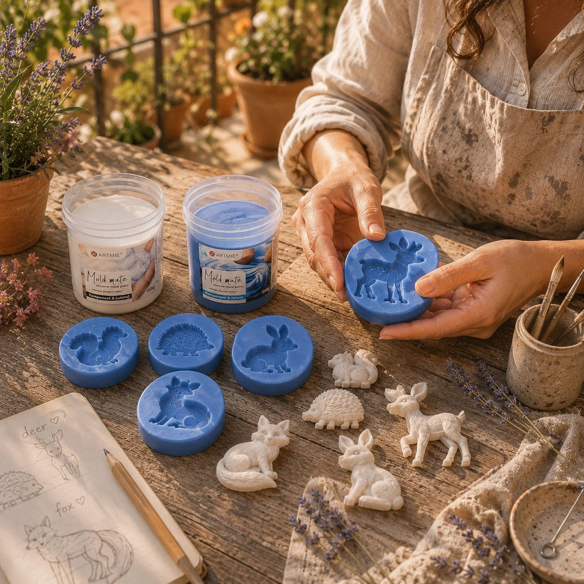Готови калапи од ARTMIE Mold Mate и гипсени фигурки на животни излеани во нив