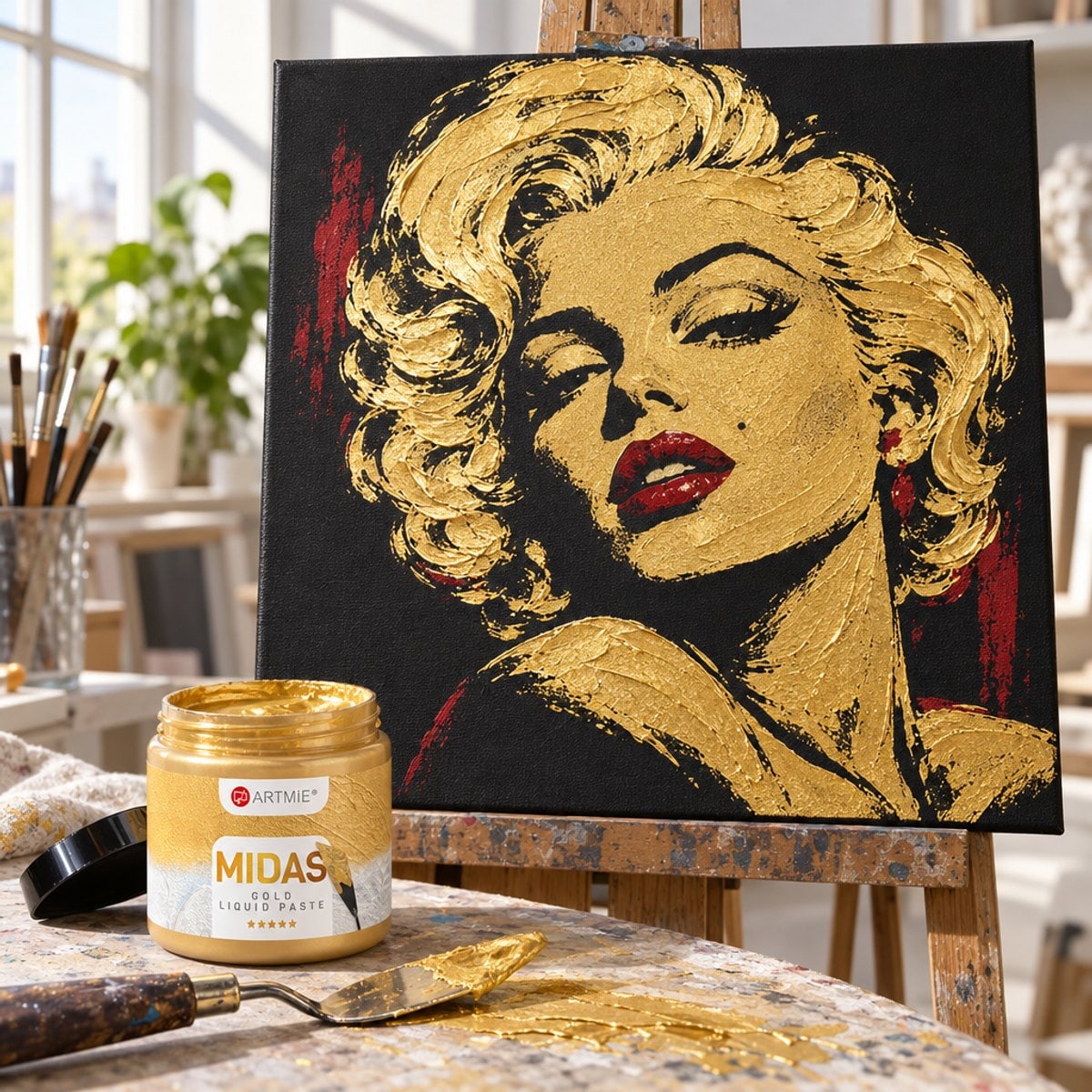 Портрет на црно платно насликан со златна паста ARTMIE MIDAS и црвена боја