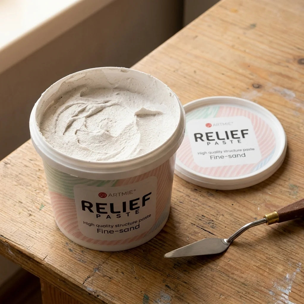 Отворено пакување ARTMIE Relief Paste — видлива песочна структура на пастата внатре