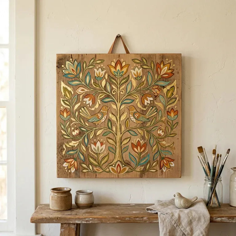 Дрвен елемент украсен со акрилни бои и метално злато