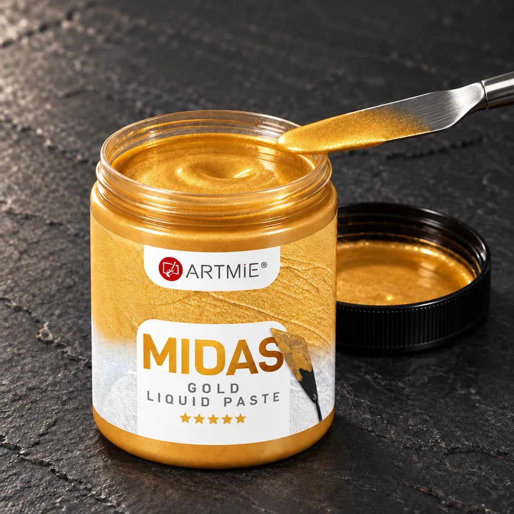Отворена тегла ARTMIE MIDAS — златна течна метална паста со видлив сјај