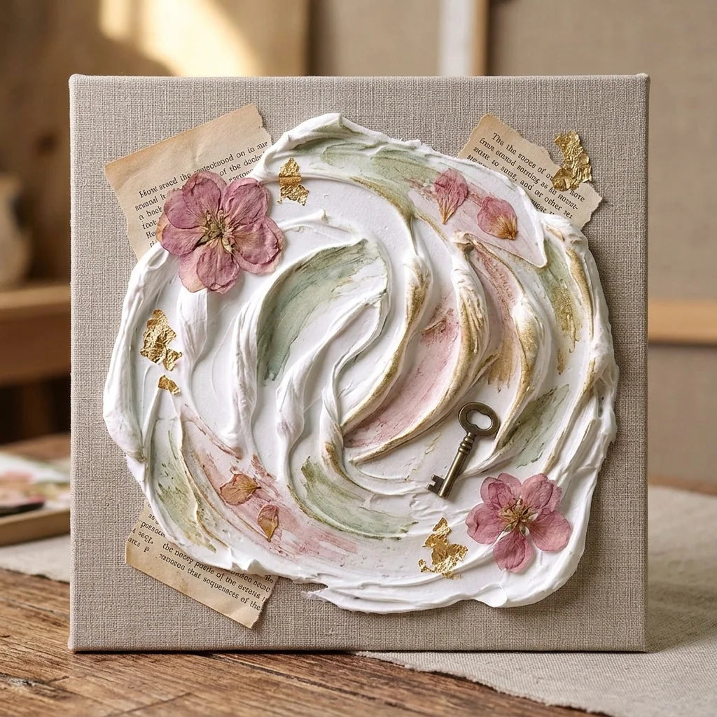 Mixed media колаж со паста Butter — суво цвеќе, винтиџ хартија, месинг клуч