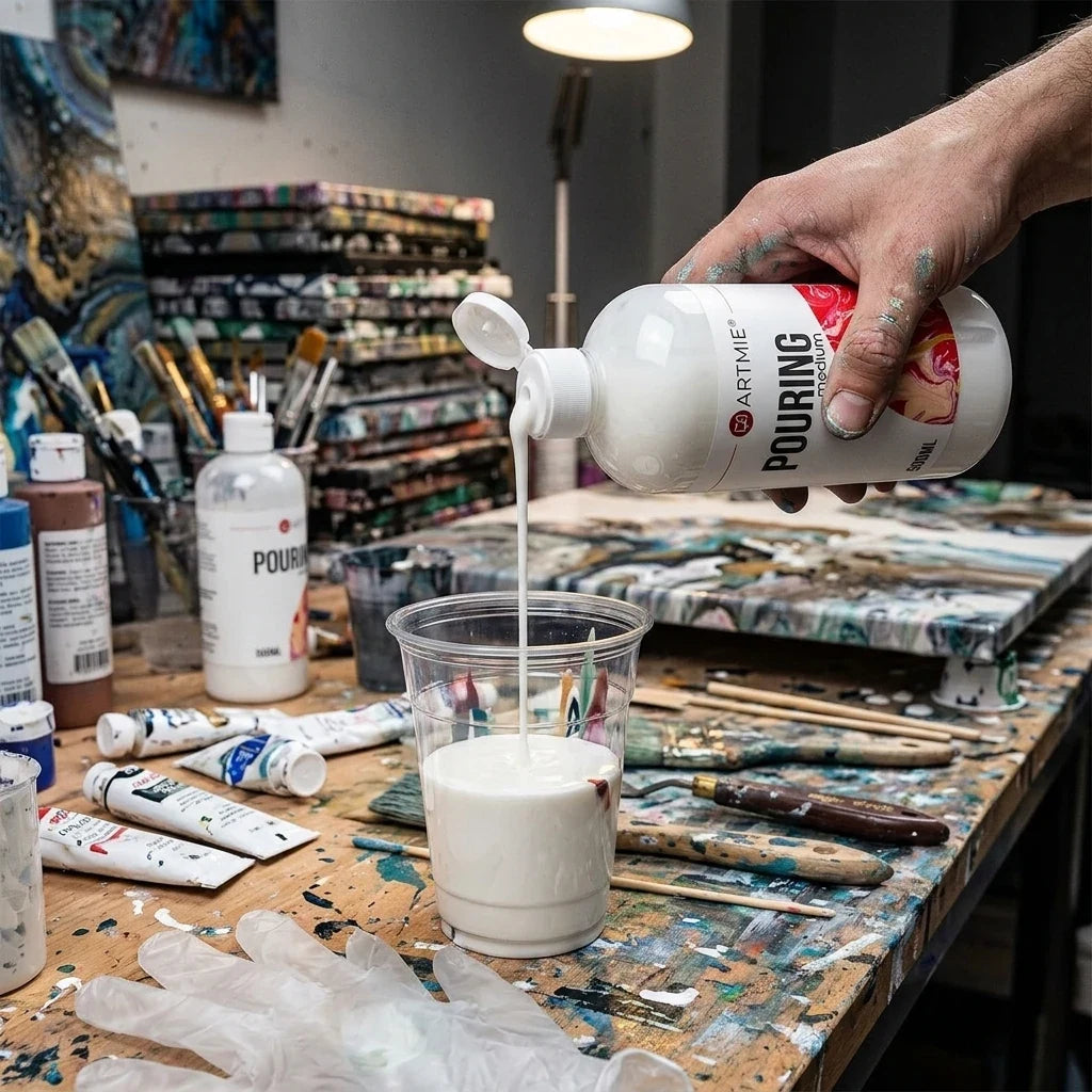Лиење на бел pouring медиум ARTMIE од шишенце од 500 ml во чаша