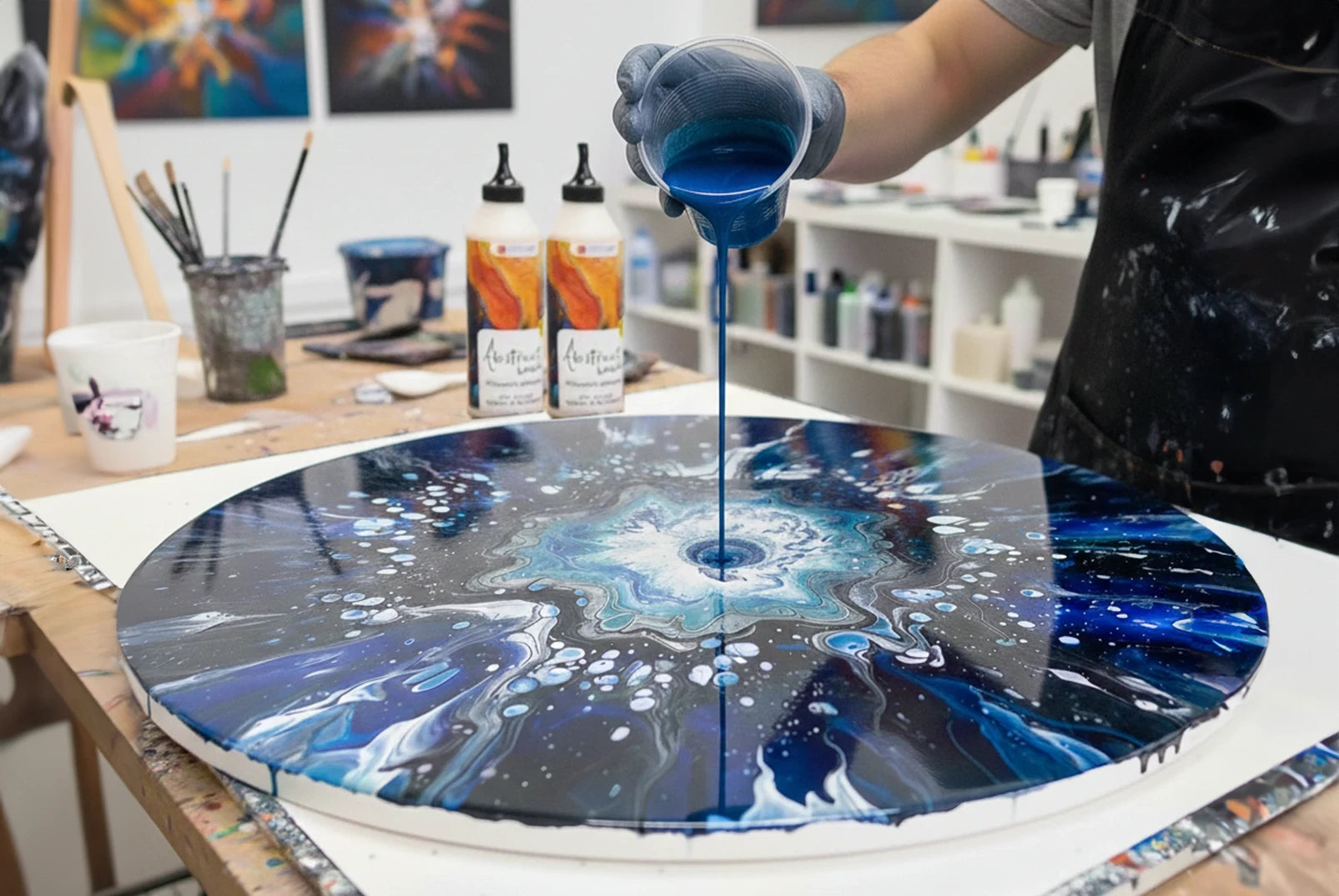 Техника на излевање (pouring) на округло сликарско платно ARTMIE