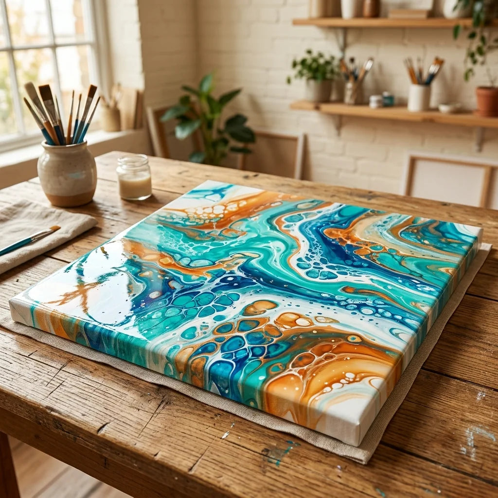 Сликата со fluid art се суши на рамна површина